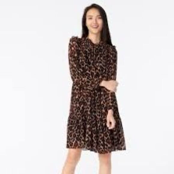 J. Crew Dresses & Skirts - J Crew Women’s Size XS Tie Neck Tiered Dress Brown Leopard Print Long Sleeve